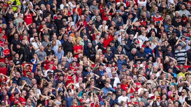 Manchester United fans pictured at Old Trafford during a Premier League game against Nottingham Forest in August 2023
